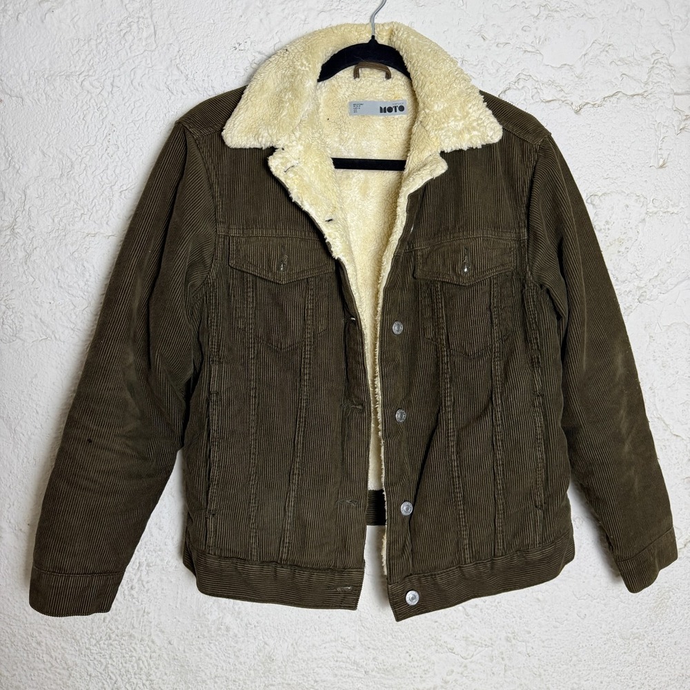 Topshop MOTO Womens Olive Corduroy Sherpa Trucker Jacket Size XS/0 Gilmore Girls